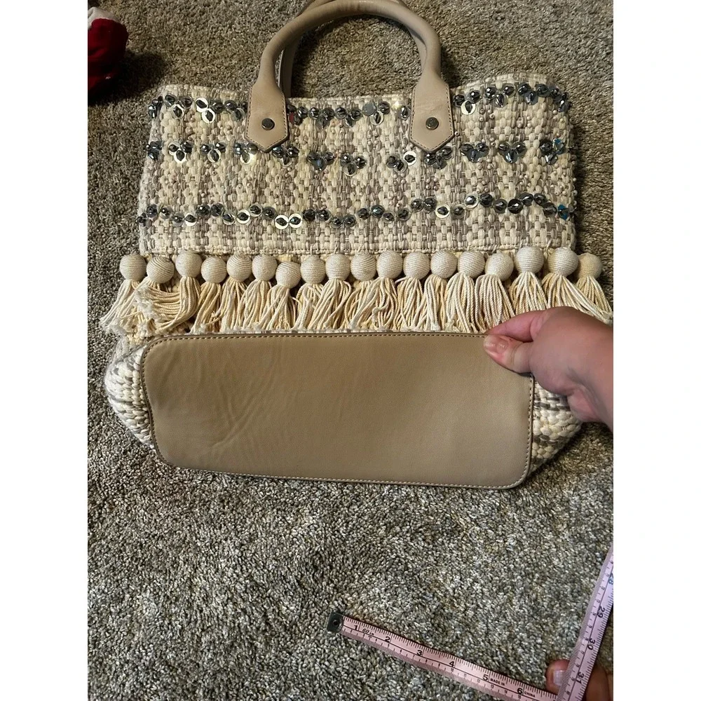 Sam Edelman Tori Tote Ivory Sequin Bag Beachy Boho Woven Drawstring Closure - Picture 8 of 11